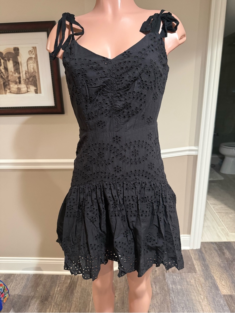 VENUS Black Eyelet Tie-Shoulder Mini Dress